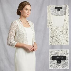 R&M Richards Ivory Lace Sequin Shrug Bolero Jacket Crop Cardigan - Size XL